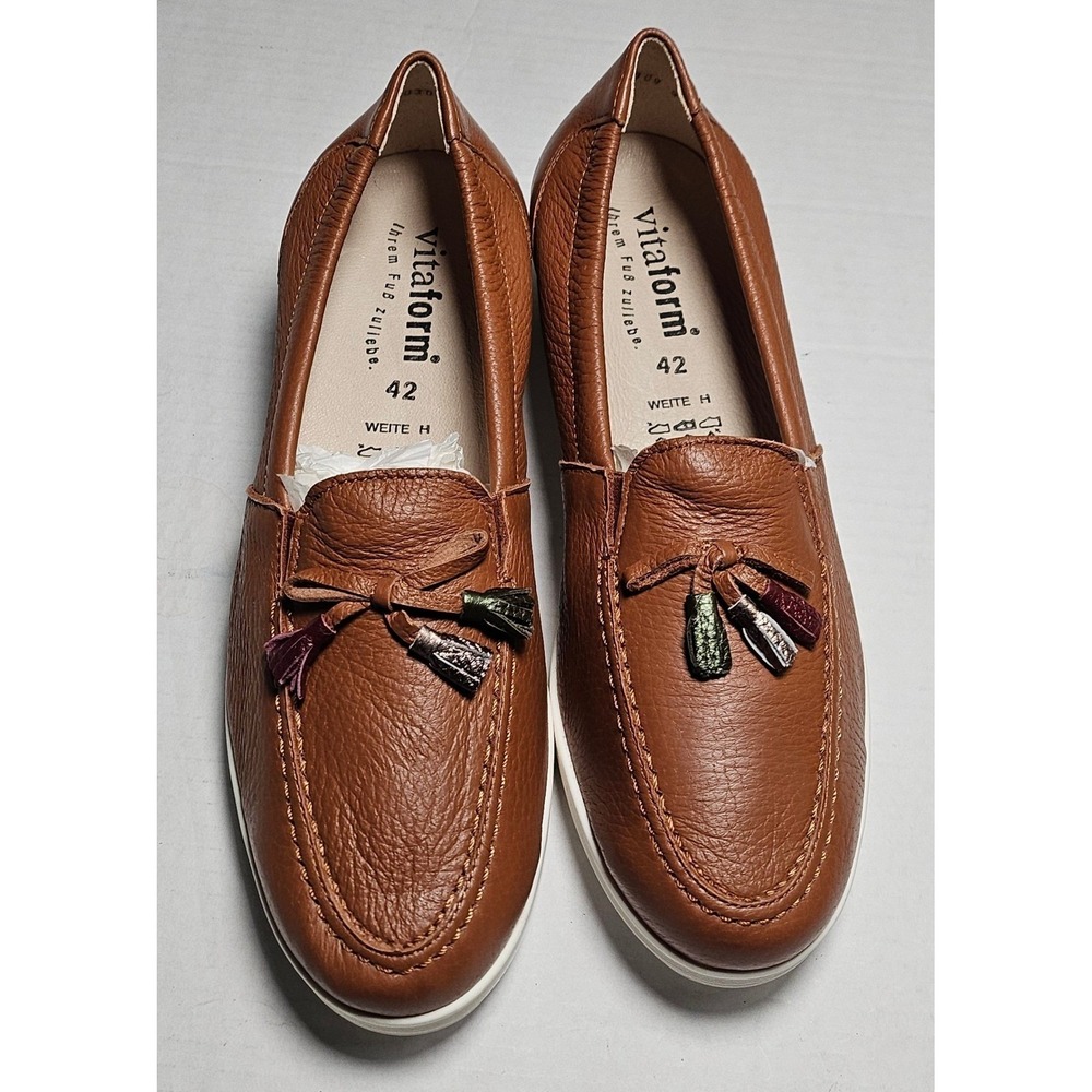 Vitaform Brown Leather Tassel Loafers Slip On Low Wedge Shoes Womens 9W/40H NEW